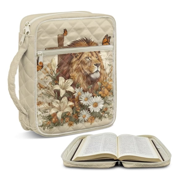 FOR U DESIGNS Lion Lily Daisy Cross Print Bible Cover Bible Holder Case Handbag with Handle, Large Capacity Bible Carrier Tote Bag Study Bible Carrying Cases Christian Gifts
