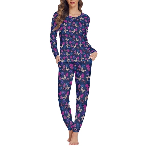 FOR U DESIGNS Maple Leaf Butterfly Pj Sets for Women Long Sleeve and Pants with Pockets set of 2 Size S Ladies Sleepwear Sets Long Crew Neck Tops for Women