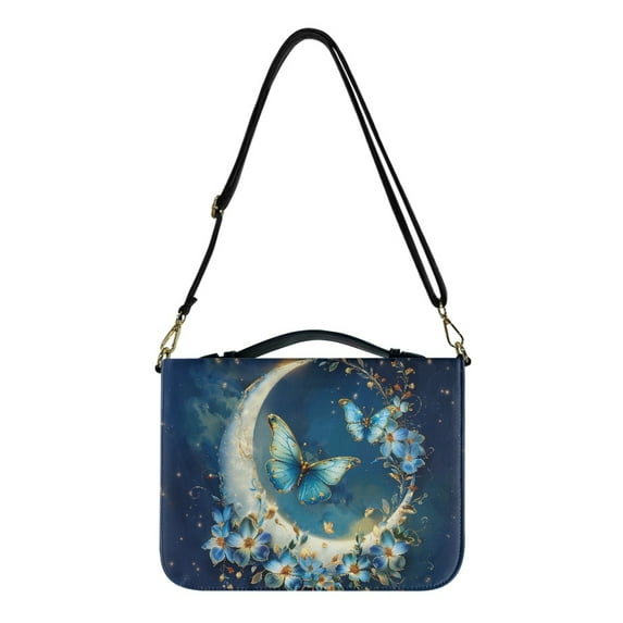 FOR U DESIGNS Moon Butterfly Floral Bible Cover Leather Size XL Wear Resistant Bible Case Purse Waterproof Sturdy Bible Protector with Adjustable Strap and Sturdy Handle Zippered Scripture Bag