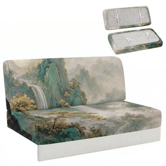 FOR U DESIGNS Mountain Trees Print Stretchable RV Couch Covers for Folding Sofa Bed 2-Piece Jackknife Sofa Slipcovers with Elastic Band Washable Breathable Camper Furniture Cover