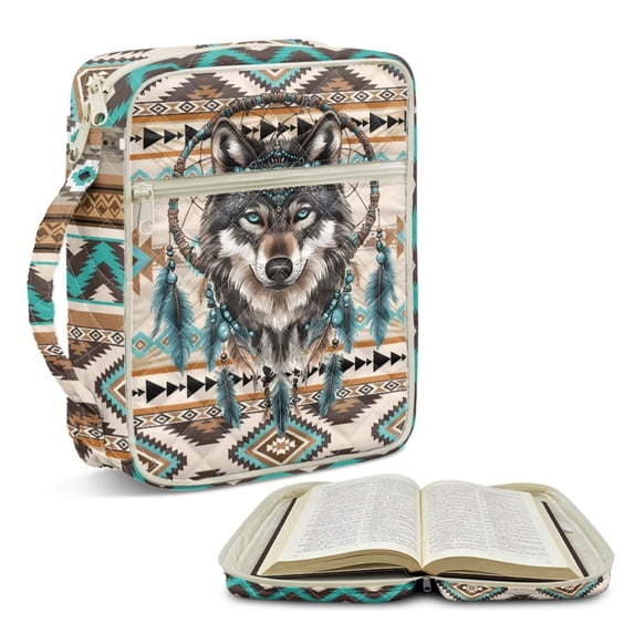 FOR U DESIGNS Navajo Wolf Ethnic Tribel Pattern Bible Cover Quilted Protective Church Organizer Holder Bag Large Capacity Church Bag Bible Protective Christian Bible Accessories
