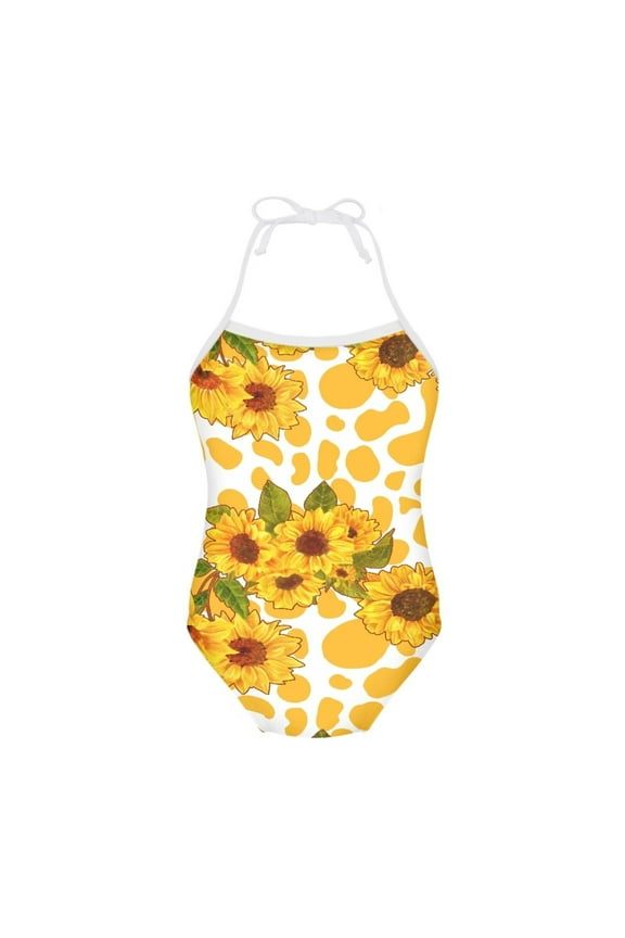 FOR U DESIGNS Novelty One Piece Swimwear for Girls Yellow Cow Print Sunflowers Gymnastics Dancewear for Kids Lightweight Breathable Beachwear Size 7-8