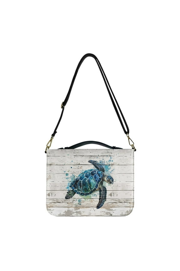 FOR U DESIGNS Ocean Turtle Wooden Bible Cover for Women Size L Casual PU Sturdy Bible Protective Carrier Waterproof Crossbody Backpack Bag Purse Large Capacity Bible Bag for Bible Lover