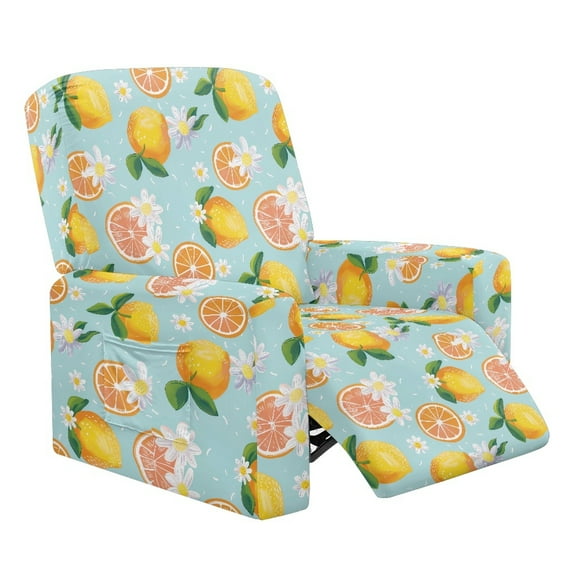 FOR U DESIGNS Orange Lemon Flower Pattern Recliner Chair Covers 4-Pieces Breathable Recliner Armchair Covers Reusable Recliner Sofa Slipcovers with Storage Pockets