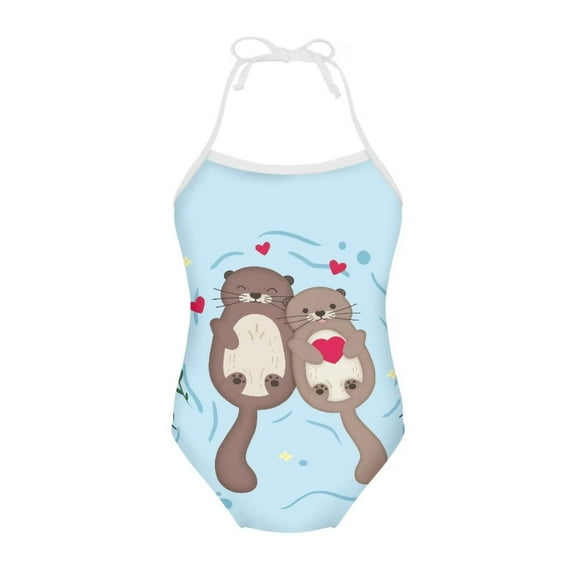 FOR U DESIGNS Otter Girls Halter Swimsuit Size 9-10 Years Blue Kawaii One Piece Bathing Suit Fashion Off Shoulder Swimwear Kids Beach Party Hawaiian Swimwear