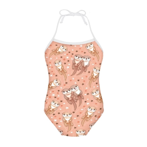 FOR U DESIGNS Otter Star Girl Swimwear 5-6 Years Old Orange One Piece Halter Swimsuit with Adjustable Strap Comfy Lace-up Backless Bathing Suit for Kids Girls