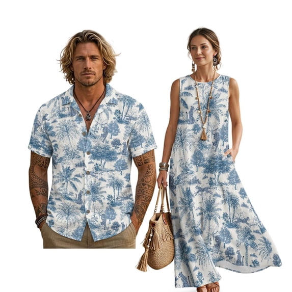 FOR U DESIGNS Palm Tree Toile De Jouy Print Matchable Couple Clothes Hawaiian Linen-Style Casual Button Up Shirt for Him and Flowy Sleeveless Sundress for Her with Pocket