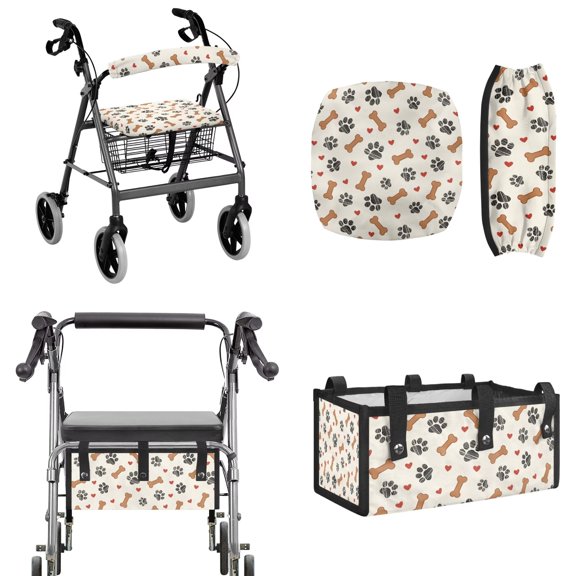 FOR U DESIGNS Paws Bone Heart Print Rollator Walker Seat and Backrest Covers Set Walker Storage Bag Under Seat 3 Pieces Universal Fit Accessories Set for Seniors
