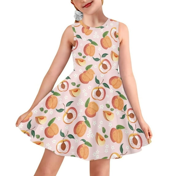 FOR U DESIGNS Peach Print Sleeveless Dress for Girls 7-8T Skin Friendly Round Neck Tank Dresses Outdoor School Flared Dress Kids Toddler Beach Wear Sundress