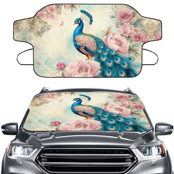 FOR U DESIGNS Peacock Peony Pattern Car Windshield Cover For Ice and Snow Frost Windshield Protector for SUVs Sedans Trucks Portable All-Weather Auto Windscreen Covers with Straps