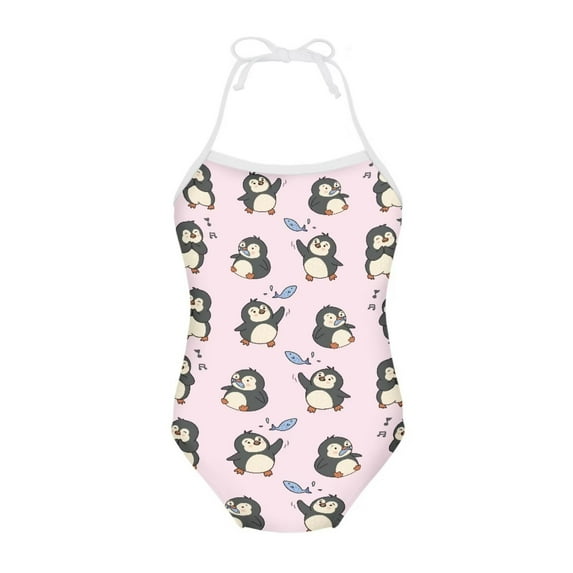 FOR U DESIGNS Penguin Girls Swimsuit One Piece Size 7-8T Adorable Pink Sleeveless Swimwear for Kids Teens Stretchy Halter Neck Bathing Suit Off Shoulder Lace-up Swimming Suit