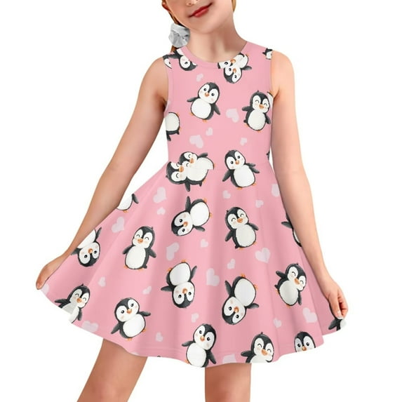 FOR U DESIGNS Penguin Sleeveless Midi Dress Formal Occasion Princess Dress Pink Tank Sundress for Kids Girl 5-6T Cute Summer A Line Swing Dress School Home Playwear