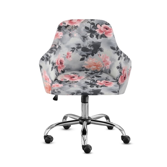 FOR U DESIGNS Peony Chinese Ink Painting Print Dining Chair Slipcover Reusable Swivel Armchair Cover Modern Curved Back Armrests Chair Protector for Vanity Living Room