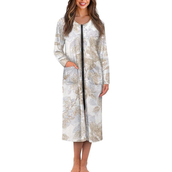 FOR U DESIGNS Peony Floral Pattern Women Nightgown Comfortable Duster Lounger Robe with Pockets,Zip Up House Dress Sleep Dress Long Sleeve Night Shirts, 4XL