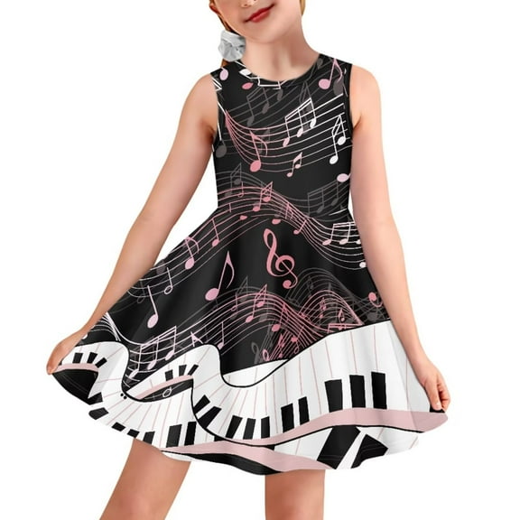 FOR U DESIGNS Piano Notes Little Girls Sleeveless Dresses Softness Knee Length Swing Ruffle Dresses Lightweight A-Line Fit Flowy Dress Comfortable Jumpskirt Size 7-8