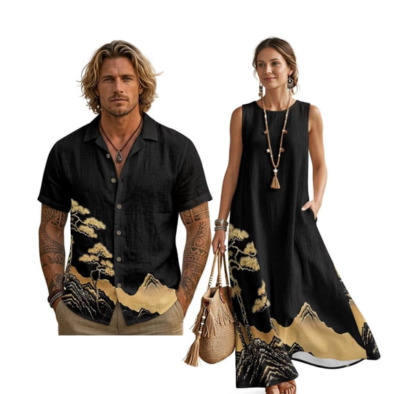 FOR U DESIGNS Pine Tree Mountain Print Matchable Couple Outfits Button Down Shirt or Sleeveless Sundress with Pockets Fashion Matching Clothes for Beach Parties