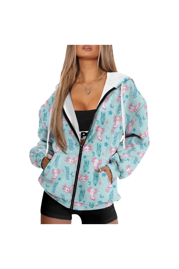 FOR U DESIGNS Pink Axolotl Hoodie Jacket for Women with Zipper Oversized Hooded Size XS Long Sleeve Sweatshirt Down-Shoulder Collar Hoodies with Drawstring for Women