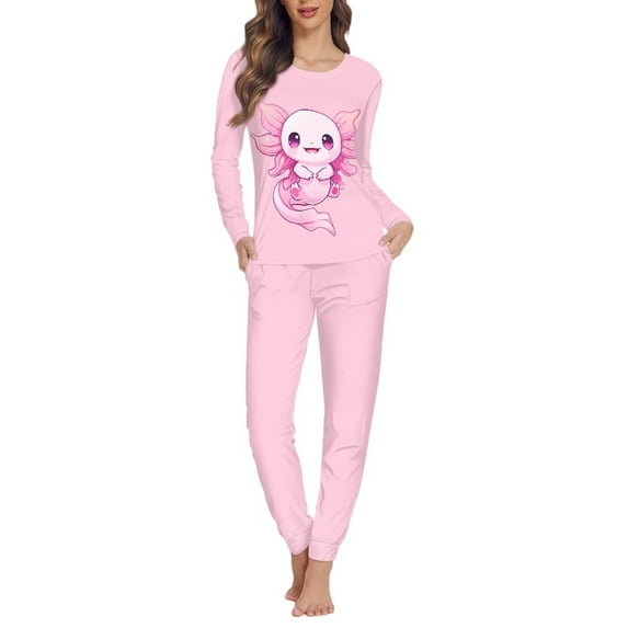 FOR U DESIGNS Pink Axolotl Women 2 Piece Pajamas Sets Long Pants with Pockets Size XS Sleepwear Long Sleeve Crew Neck Tops for Women Nightwear Soft Jogger Winter