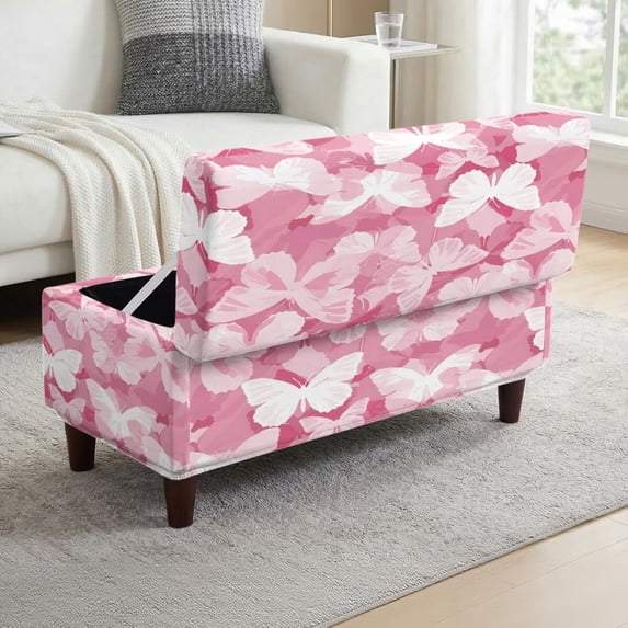 FOR U DESIGNS Pink Butterfly Print Ottoman Cover Washable Footstool Covers Thick Slipcover for Rectangle Ottoman, Washable Storage Furniture Protector for Dogs Pets