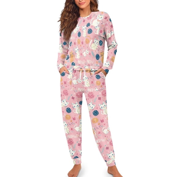 FOR U DESIGNS Pink Cat Women 2 Piece Pajamas Sets Long Pants and Crew Neck Tops Size L Drawstring Nightwear Sets Long Sleeve Sleepwear Soft for Women Pajama Suits