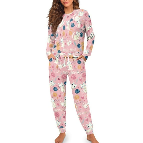 FOR U DESIGNS Pink Cat Women 2 Piece Pajamas Sets Long Pants and Crew Neck Tops Size S Drawstring Nightwear Sets Long Sleeve Sleepwear Soft for Women Pajama Suits