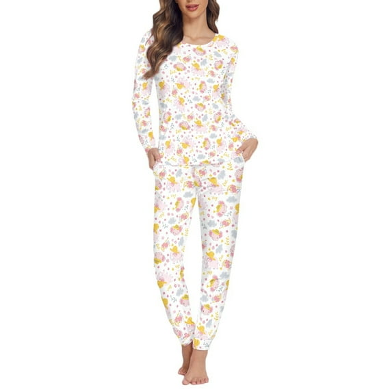 FOR U DESIGNS Pink Elephant Pajama Sets for Women 2 Piece Long Sleeve Tops Size XS Sleepwear Long Pants with Pockets for Women Nightwear Comfortable Jogger Winter