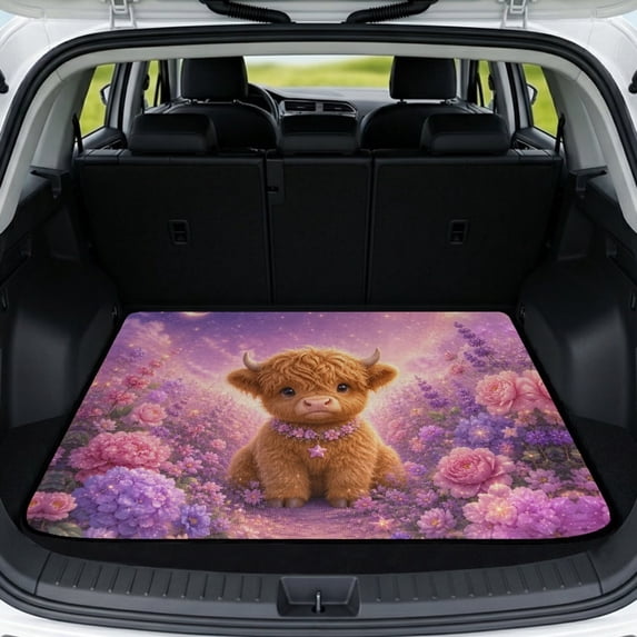 FOR U DESIGNS Pink Highland Cattle Flower Print Car Trunk Mat Universal Durable Protection Non-Slip Cargo Liner All Weather Stylish Rear Trunk Liner for Most Car Models