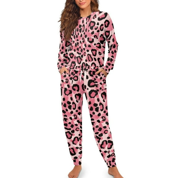 FOR U DESIGNS Pink Leopard Print Pajamas for Women Set Pants Long Crew Neck Tops 2 Piece Size L Women Long Sleeve Drawstring Pajama Set Sleepwear Nightwear for Women