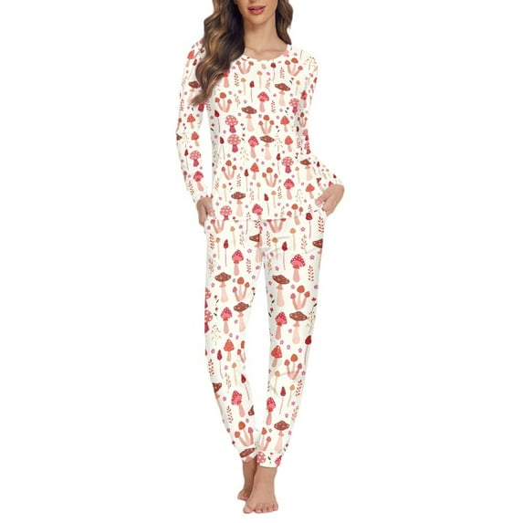 FOR U DESIGNS Pink Mushroom Pajama Sets Women Long Pants and Crewneck Tops Set of 2 Size XS Loungewear Pjs for Women Set Sleepwear for Women Long Sleeve Set