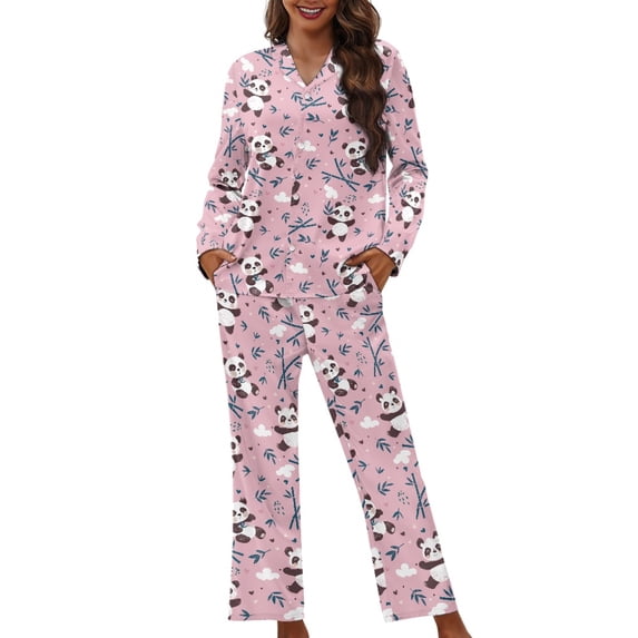 FOR U DESIGNS Pink Panda Pajama Sets for Women 2 Piece Button Up Shirt Womens Nightwear Sets Button Front Sleepwear Size L Long Sleeve Pants and Tops for Women