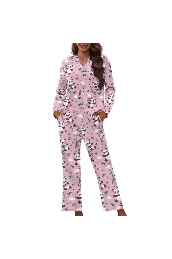 FOR U DESIGNS Pink Panda Pajama Sets for Women 2 Piece Button Up Shirt Womens Nightwear Sets Button Front Sleepwear Size M Long Sleeve Pants and Tops for Women