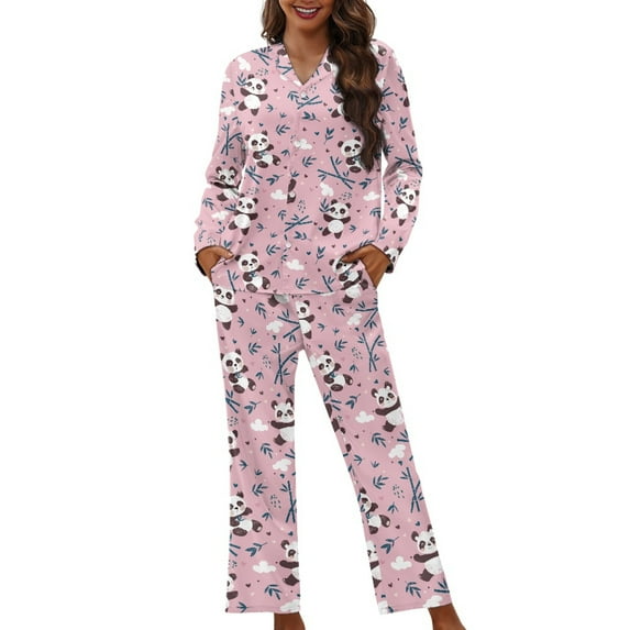 FOR U DESIGNS Pink Panda Pajama Sets for Women 2 Piece Button Up Shirt Womens Nightwear Sets Button Front Sleepwear Size XS Long Sleeve Pants and Tops for Women
