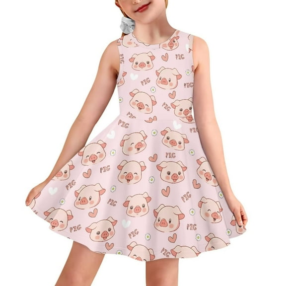FOR U DESIGNS Pink Pig Sleeveless Sundress Knee Length Swing Dress for Girls 7-8Y Holiday Party Gowns Clothes Casual Twirl Dresses for Beach, Hiking, Camping