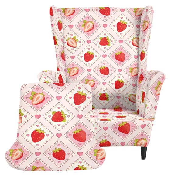 FOR U DESIGNS Pink Plaid Strawberry Heart Print Wingback Chair Cover Set 2-Piece Washable Stretch Wingback Sofa Slipcover with Cushion Cover Soft Durable Armchair Protector for Pets