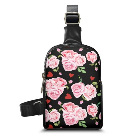FOR U DESIGNS Pink Rose Small Crossbody Sling Bag for Women Leather Shoulder Bag Zipper Fanny Pack for Hiking Travel PU Chest Pack Bag with Adjustable Strap & 4 Card Slot