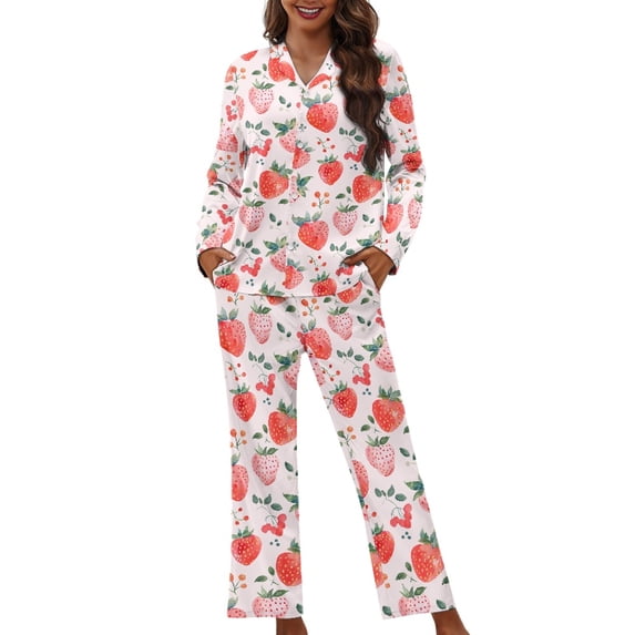 FOR U DESIGNS Pink Strawberry Pajama Sets for Women 2 Piece Button Down Tops Size M Long Sleeve Button Up Pajamas for Women Jogger Button Front Nightwear with Pockets