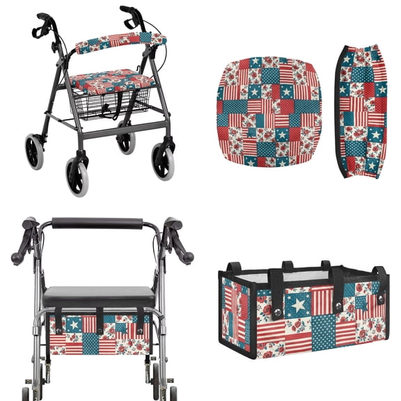 FOR U DESIGNS Plaid American Flag Floral Print Rollator Walker Accessories Set, 250th Anniversary Washable Walker Seat and Backrest Cover, Large Capacity Under-Seat Storage Bag for Seniors