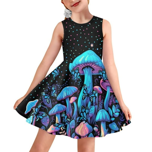 FOR U DESIGNS Psychedelic Mushroom Tank Dress for Girls Novelty Sleeveless Party Dresses Kids Teens Twirl T-shirt Dress Home School Outdoor Playwear Size 9-10Y