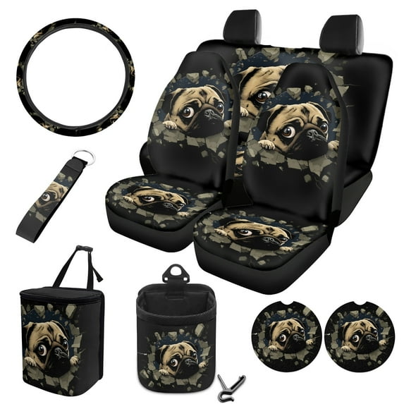 FOR U DESIGNS Pug Dog Pattern 10 Pcs Car Seat Covers Full Set Breathable Auto Seat Protector + Steering Wheel Cover + Air Vent Storage Bag + Trash Can + Coaster + Keychain
