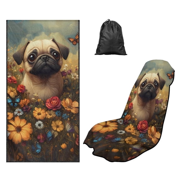 FOR U DESIGNS Pug Floral Butterfly Print Car Seat Cover for Front Seats, Auto Seat Cushion for SUVs & Trucks, Absorbent Microfiber Sweat Towel with Storage Bag, Yoga Mat, Running Towel