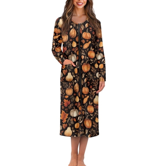 FOR U DESIGNS Pumpkin Maple Leaf Print House Dresses for Women, Breathable Long Sleeve Night Shirts Soft House Dress with Pockets, Duster Lounger Robe Fall Home Decor with Zipper, 3XL