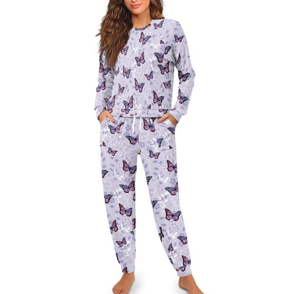 FOR U DESIGNS Purple Butterfly Drawstring Pajamas for Women Set Sleepwear Long Sleeve Tops and Pants 2 Pack Size 2XL Nightwear Comfortable Pjs for Women Winter