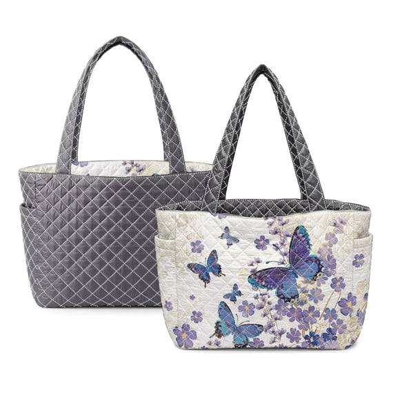 FOR U DESIGNS Purple Butterfly Flower Print Quilted Tote Bag for Women, Quilted Hobo Purse with Side Pockets, Lightweight Handbag Two Tone Double Sided Usable Shoulder Bag for School Travel