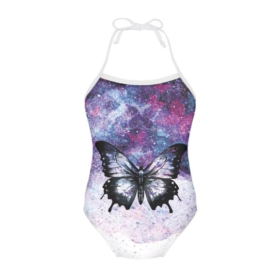 FOR U DESIGNS Purple Butterfly Halter Swimsuit for Kids Toddler Breathable Summer Beach Swimwear for Girls 1-2 Years Old One Piece Bathing Suit with Adjustable Neck Strap