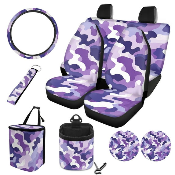FOR U DESIGNS Purple Camo Pattern Car Accessories Set 10 Pack Car Seat Covers Car Trash Can Steering Wheel Cover Auto Air Vent Storage Bag Coasters Keychain Universal Fit for SUV Van Truck
