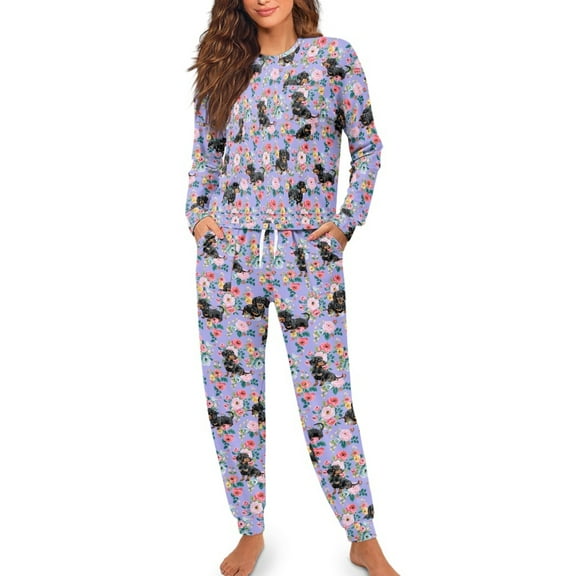 FOR U DESIGNS Purple Dachshund Womens Pajama Bottoms with Pockets and Drawstring 2 Piece Size L Sleepwear Long Sleeve Crew Neck Tops and Pants with Drawstring for Women