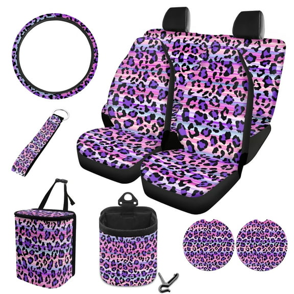 FOR U DESIGNS Purple Leopard Print 10 Pack Car Seat Cover Full Sets Replacement Front Rear Seat Covers Hanging Car Trash Can Air Vent Pouch Steering Wheel Cover Cup Coasters Keychain for SUV Truck