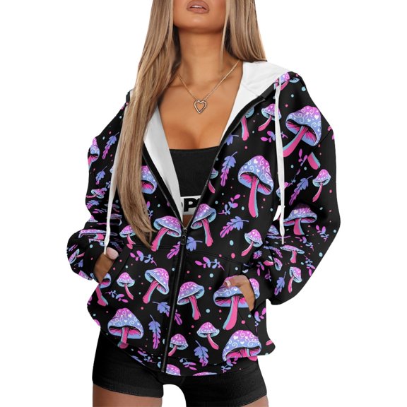 FOR U DESIGNS Purple Mushroom Zip Up Hoodie Women Cardigan Oversized Comfy Hoodies Size XL Long Sleeve Sweatshirt Hooded Jackets for Women with Zipper Sportswear