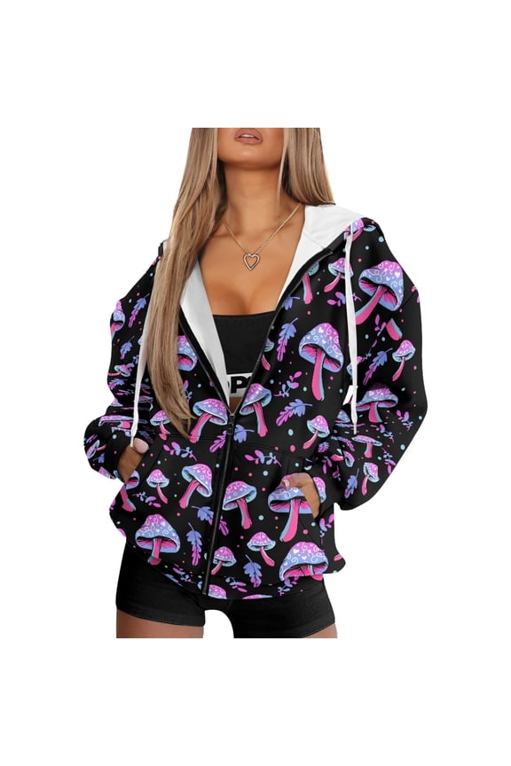 FOR U DESIGNS Purple Mushroom Zip Up Hoodie Women Cardigan Oversized Comfy Hoodies Size XS Long Sleeve Sweatshirt Hooded Jackets for Women with Zipper Sportswear