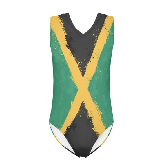 FOR U DESIGNS Quick Dry One Piece Swimwear Leotards for Swimming Dancing Jamaican Flag Sleeveless V Neck Bodysuit Summer Kids Gymnastics Swimsuit Size 13-14